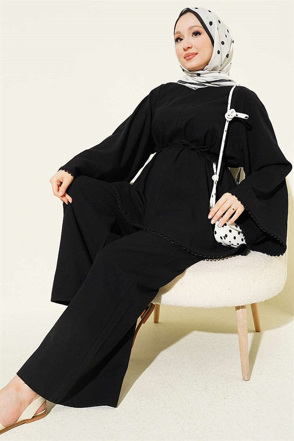 Lace Detail Wide Sleeved Linen Two-Piece Set Black