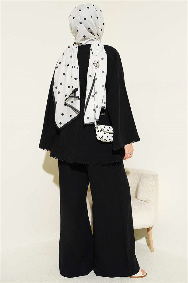 Lace Detail Wide Sleeved Linen Two-Piece Set Black