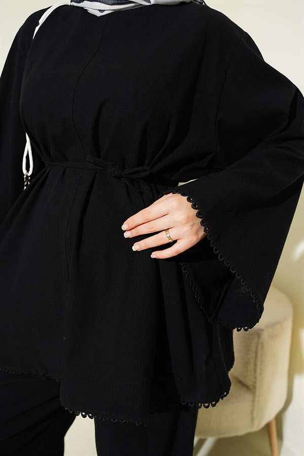Lace Detail Wide Sleeved Linen Two-Piece Set Black