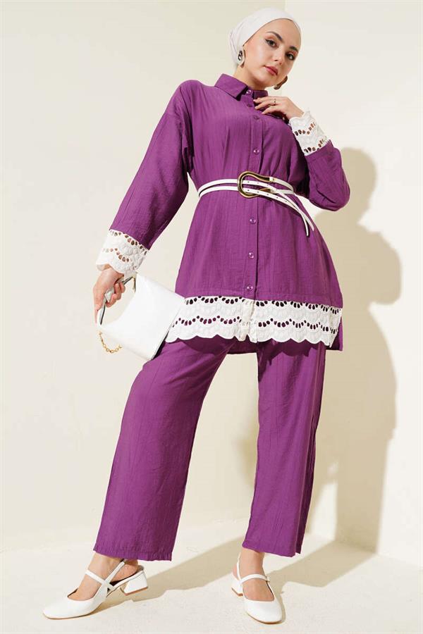 Scallop Detailed Tunic 2 Piece Set Magenta