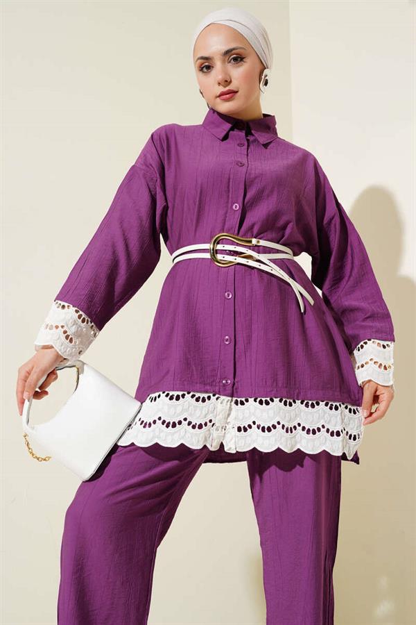 Scallop Detailed Tunic 2 Piece Set Magenta