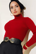 Ribbed Turtleneck Knit Sweater, Red
