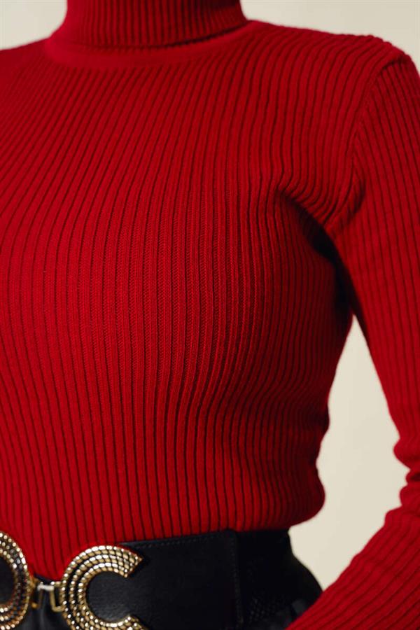 Ribbed Turtleneck Knit Sweater, Red