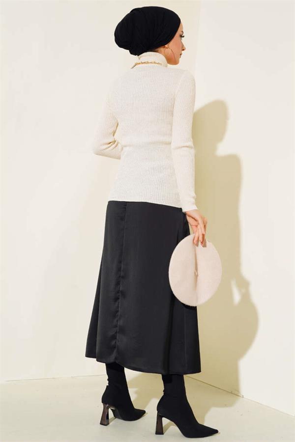 Ribbed Turtleneck Knit Sweater in Stone
