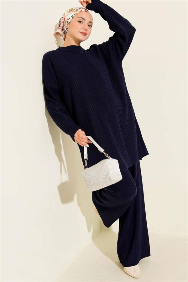 Basic Ribbed Knitwear 2 Piece Set Navy Blue
