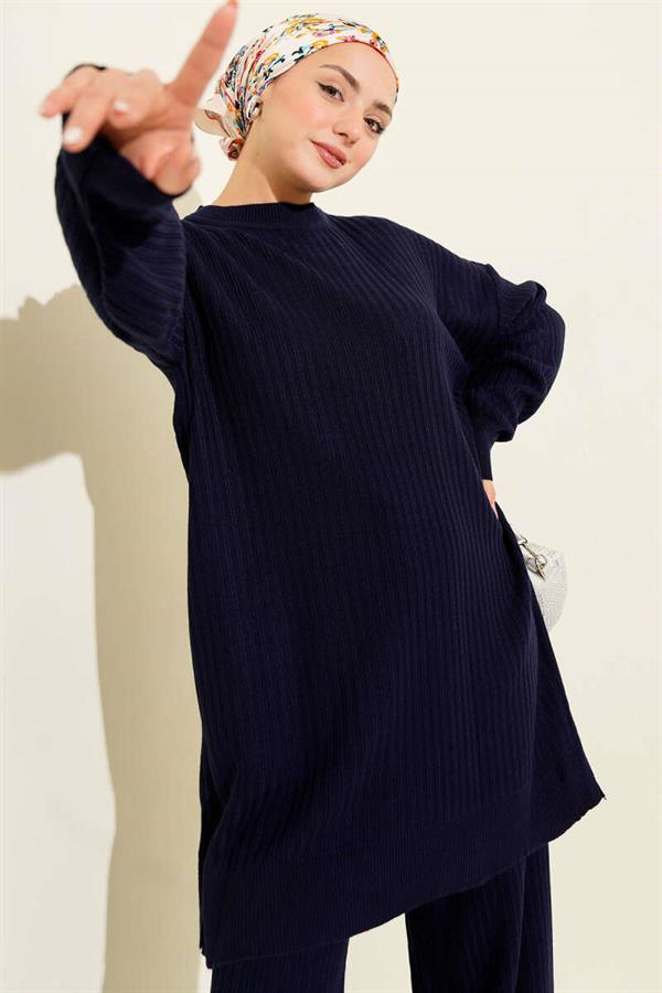 Basic Ribbed Knitwear 2 Piece Set Navy Blue