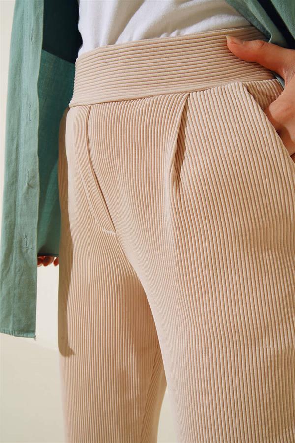 Ribbed Skinny Leg Trousers Beige