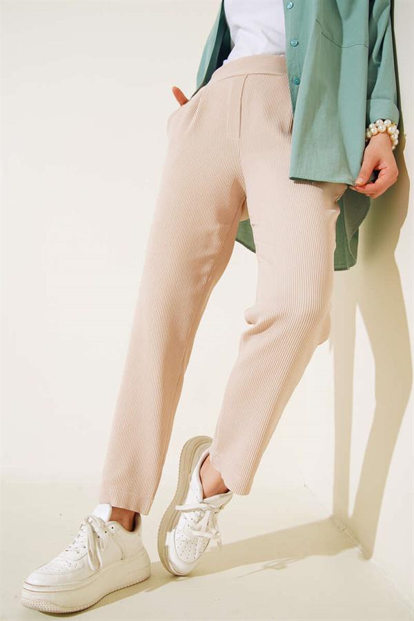 Ribbed Skinny Leg Trousers Beige