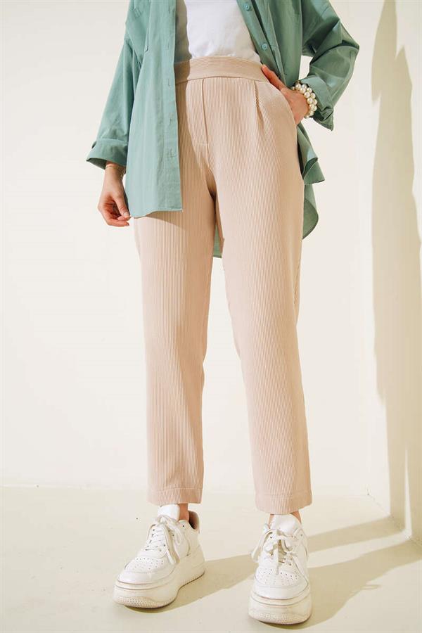 Ribbed Skinny Leg Trousers Beige