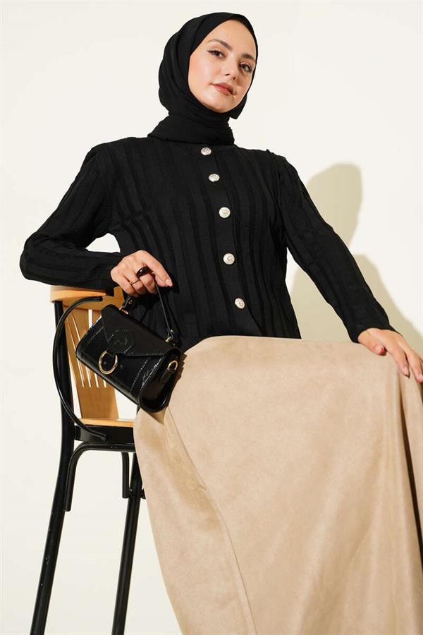 Ribbed Buttoned Knit Cardigan Black