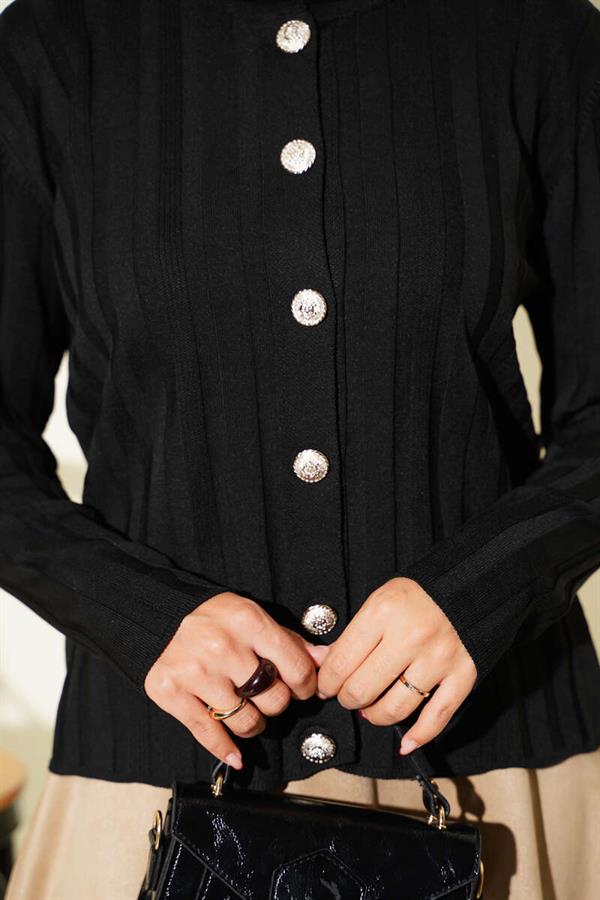 Ribbed Buttoned Knit Cardigan Black