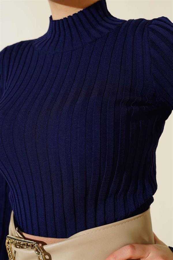 Elastic Ribbed Knitwear Sweater Navy Blue