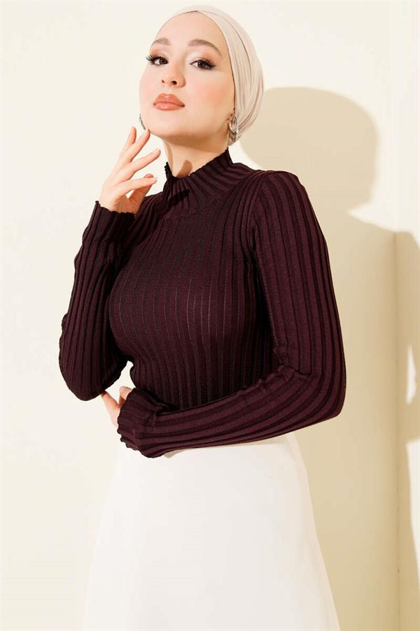 Ribbed Stretch Knit Sweater, Plum