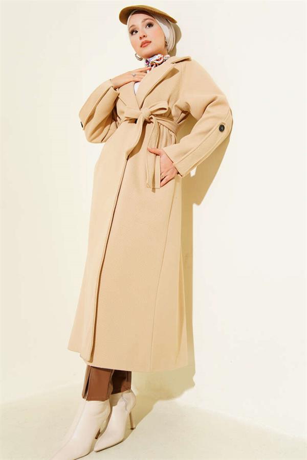 Corduroy Belted Cashmere Coat Beige