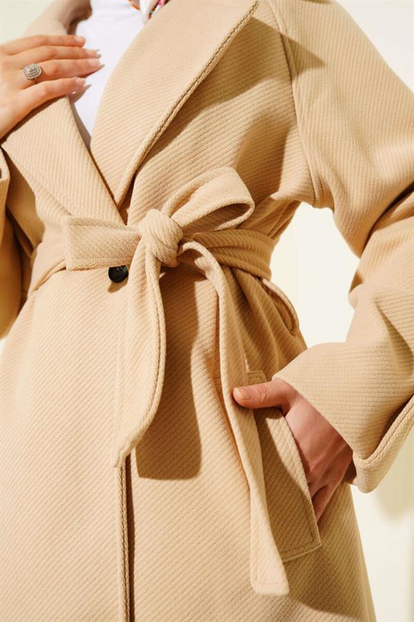 Corduroy Belted Cashmere Coat Beige