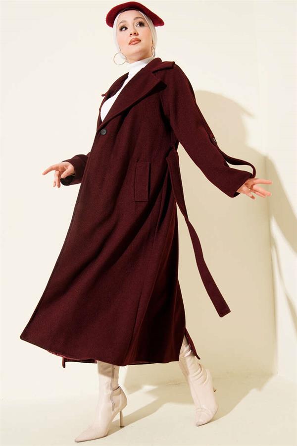 Corduroy Belted Cashmere Coat, Burgundy
