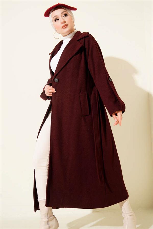 Corduroy Belted Cashmere Coat, Burgundy