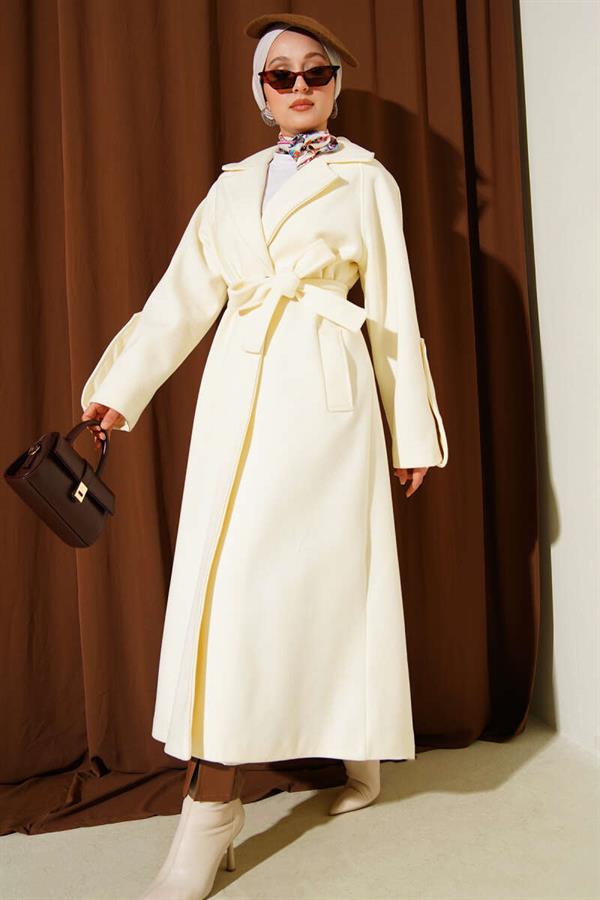 Corduroy Belted Cashmere Coat in Ecru