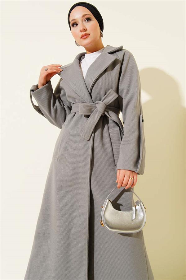 Corduroy Belted Cashmere Coat Gray