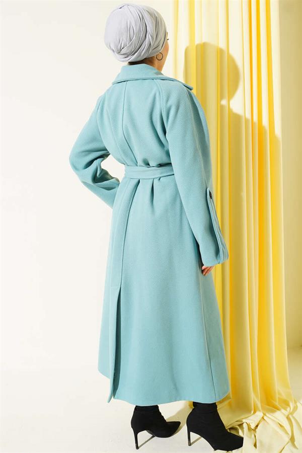 Corduroy Belted Cashmere Coat Turquoise