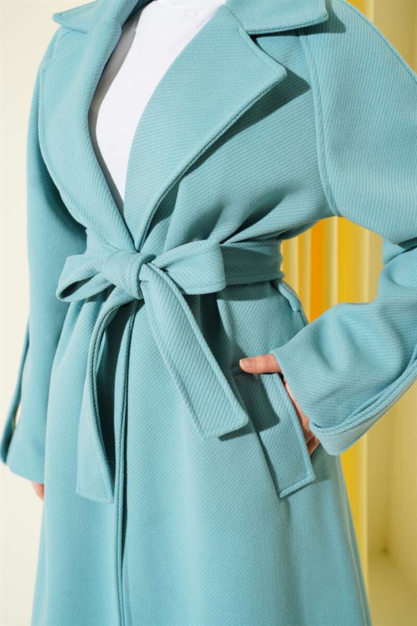 Corduroy Belted Cashmere Coat Turquoise