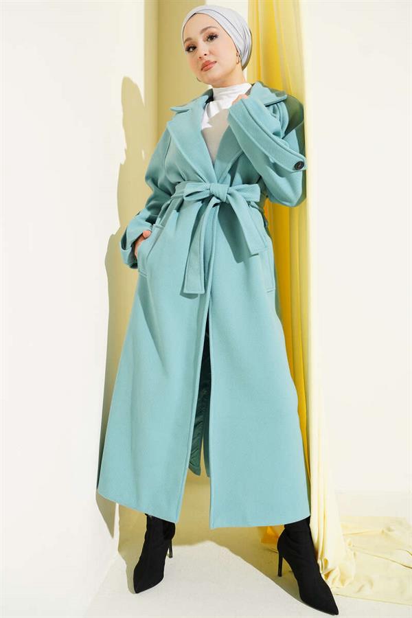 Corduroy Belted Cashmere Coat Turquoise