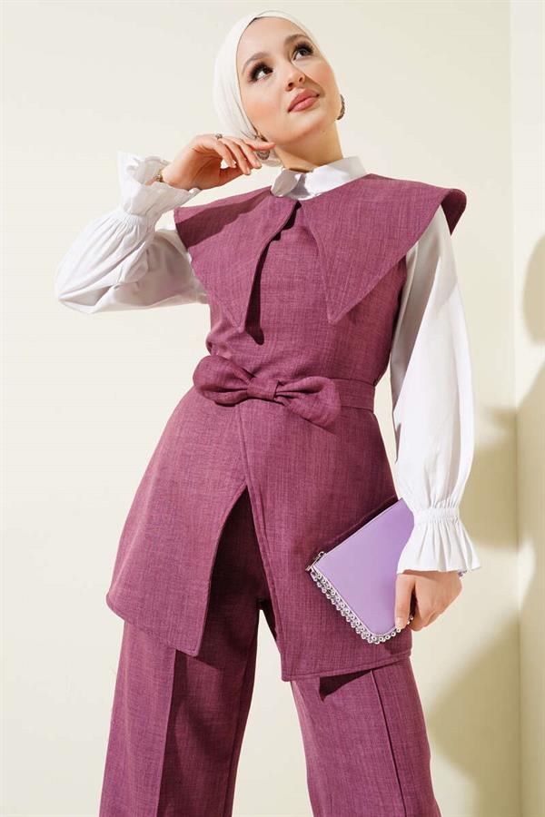 Bow Detailed Sailor Collar 2 Piece Set Magenta
