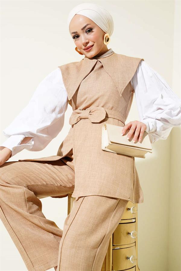 Bow Detailed Sailor Collar 2 Piece Set Beige