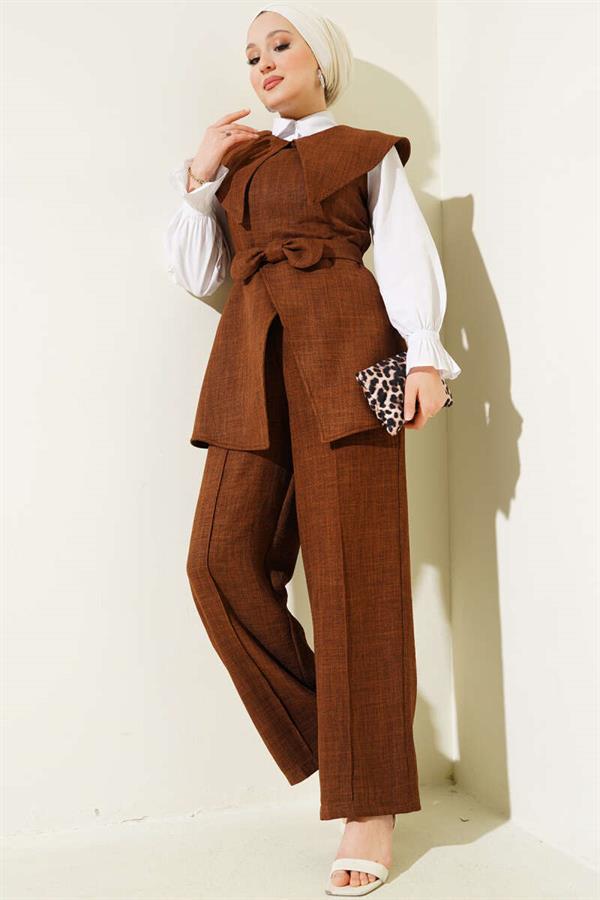 Bow Detailed Sailor Collar 2 Piece Set Brown