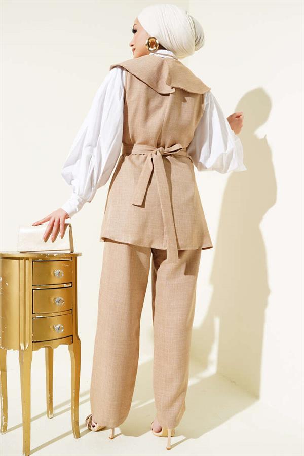 Bow Detailed Sailor Collar 2 Piece Set Beige