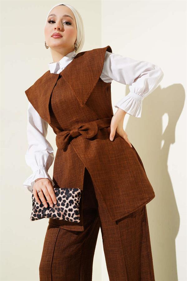Bow Detailed Sailor Collar 2 Piece Set Brown