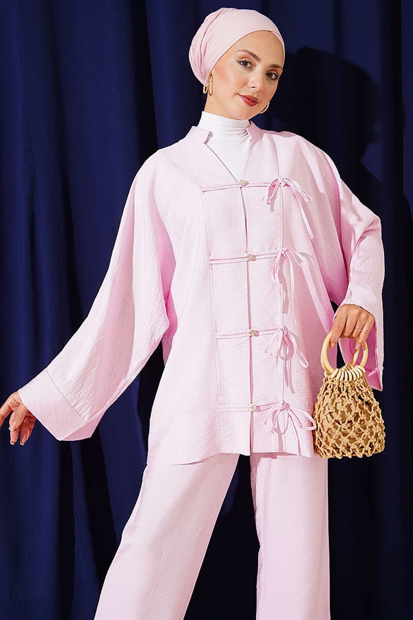 Pink Kimono 2 Piece Set with Bow Detail