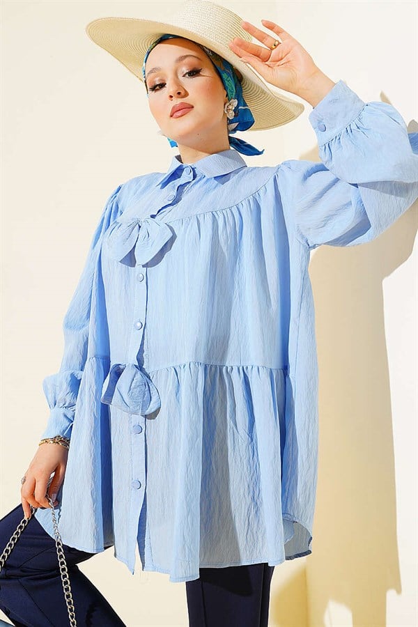 Oversize Shirt with Bow Detail, Blue