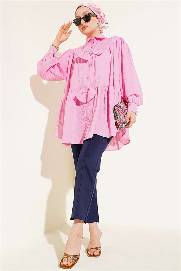 Pink Oversize Shirt with Bow Detail