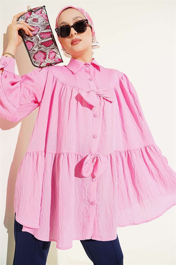 Pink Oversize Shirt with Bow Detail
