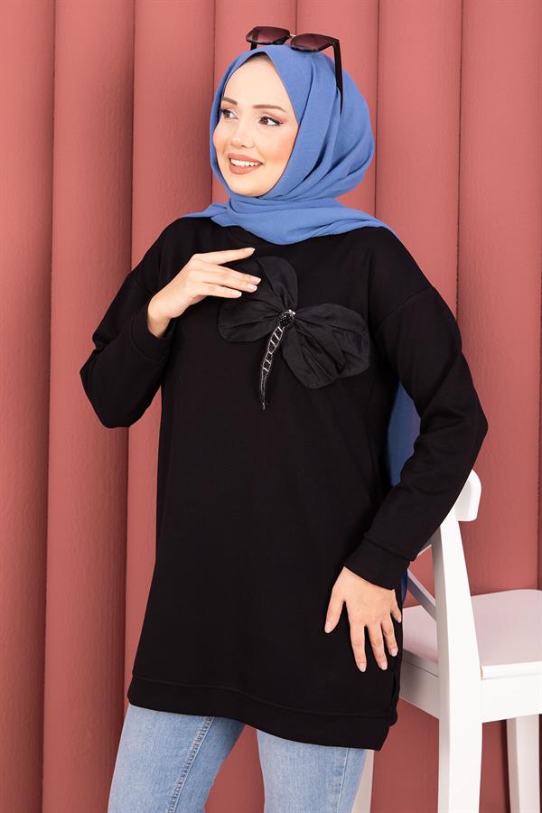 Bow Detailed Stone Embroidered Loysha Hijab Tunic Black