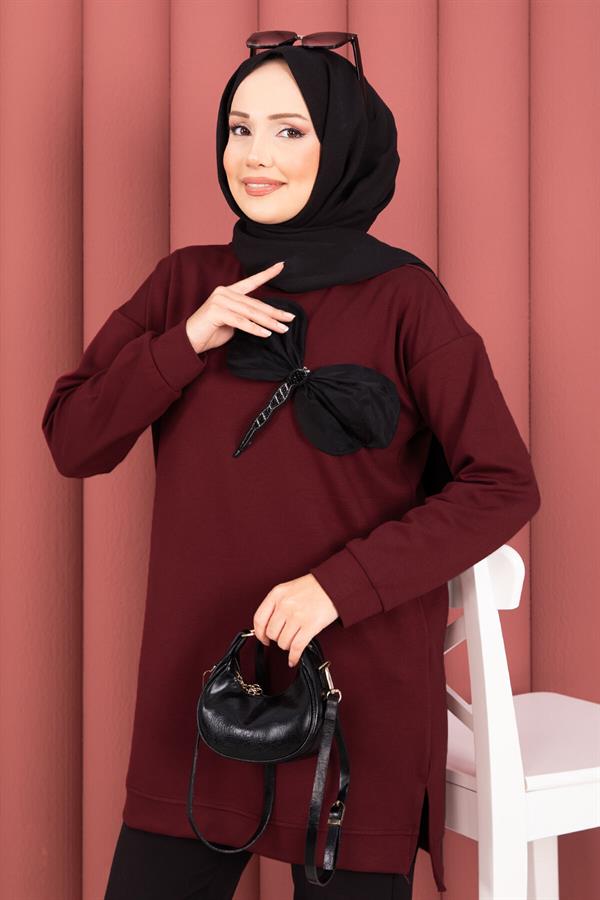 Bow Detailed Stone Embroidered Loysha Hijab Tunic Burgundy