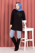 Bow Detailed Stone Embroidered Loysha Hijab Tunic Black