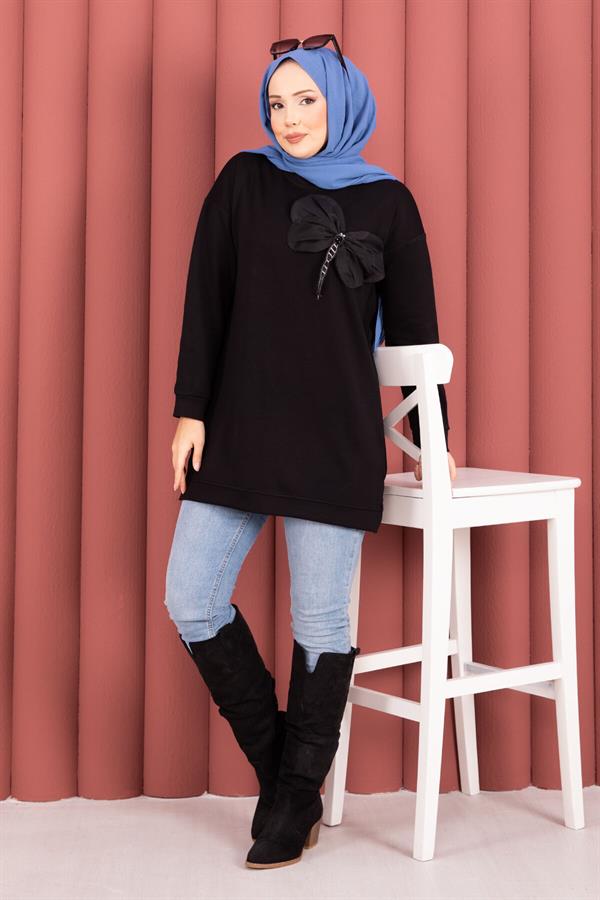 Bow Detailed Stone Embroidered Loysha Hijab Tunic Black