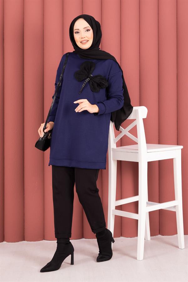 Bow Detailed Stone Embroidered Loysha Hijab Tunic Navy Blue