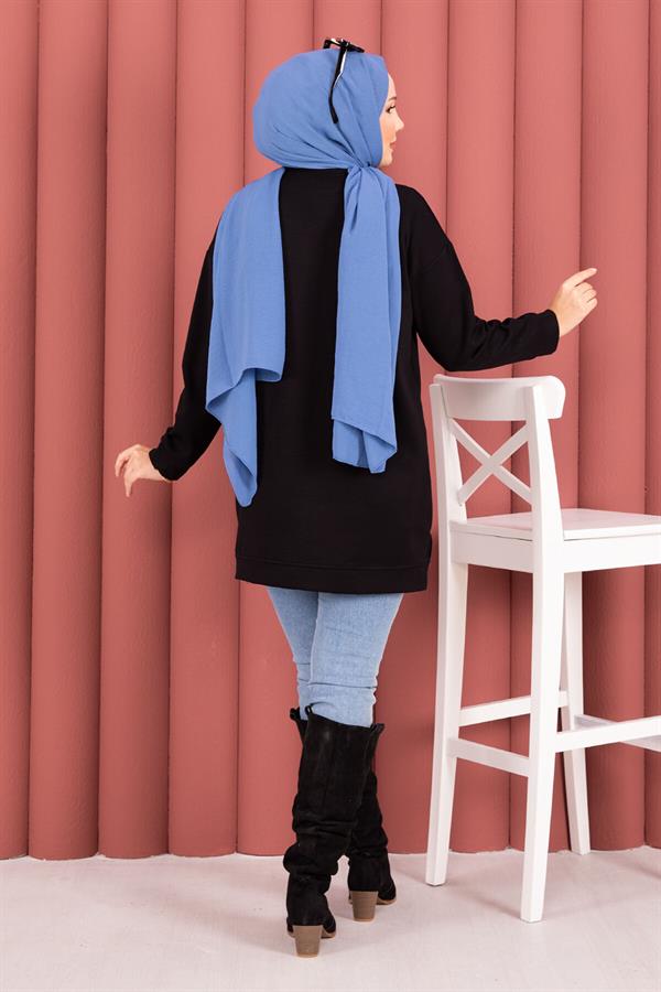 Bow Detailed Stone Embroidered Loysha Hijab Tunic Black