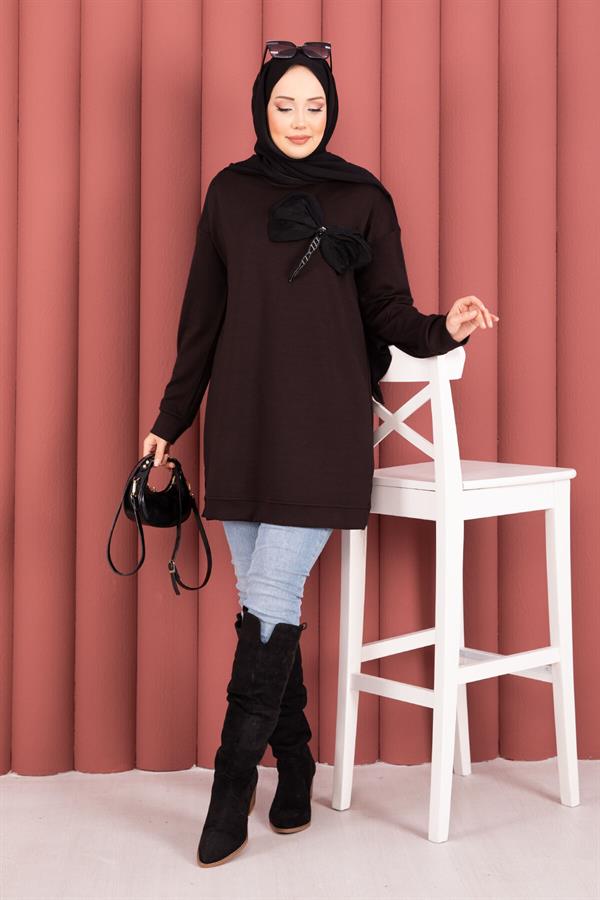Bow Detailed Stone Embroidered Loysha Hijab Tunic Brown