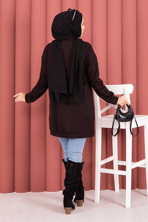Bow Detailed Stone Embroidered Loysha Hijab Tunic Brown