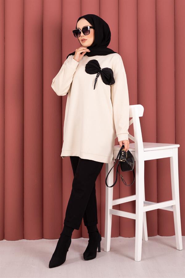 Bow Detailed Stone Embroidered Loysha Hijab Tunic Beige