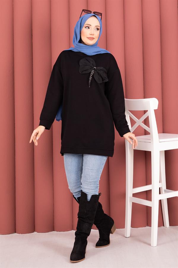 Bow Detailed Stone Embroidered Loysha Hijab Tunic Black