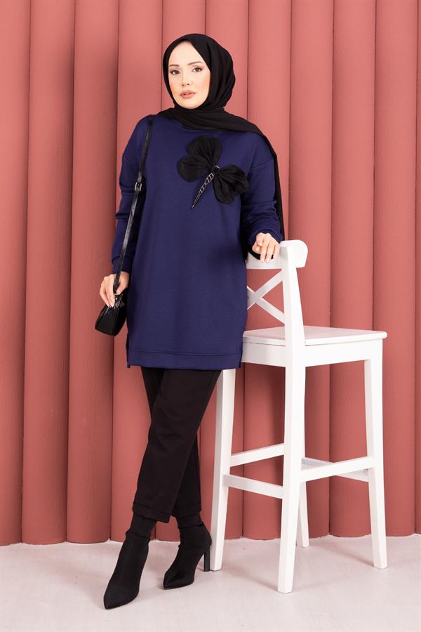 Bow Detailed Stone Embroidered Loysha Hijab Tunic Navy Blue