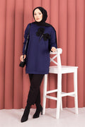 Bow Detailed Stone Embroidered Loysha Hijab Tunic Navy Blue