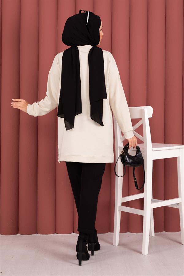 Bow Detailed Stone Embroidered Loysha Hijab Tunic Beige