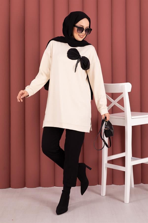 Bow Detailed Stone Embroidered Loysha Hijab Tunic Beige