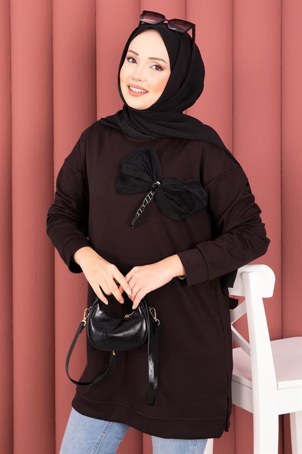 Bow Detailed Stone Embroidered Loysha Hijab Tunic Brown